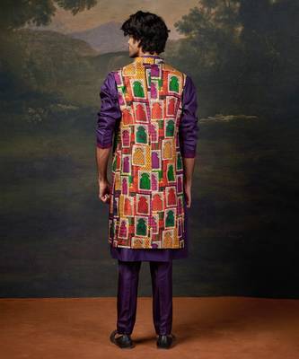 Purple hand embroidered kurta pyjama with nehru jacket set for men 2