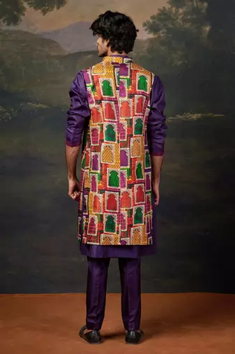 Purple hand embroidered kurta pyjama with nehru jacket set for men