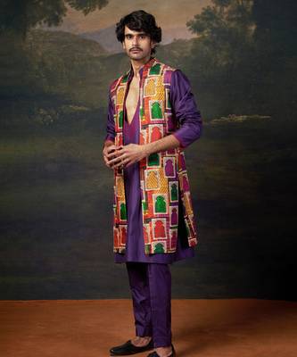 Purple hand embroidered kurta pyjama with nehru jacket set for men 3