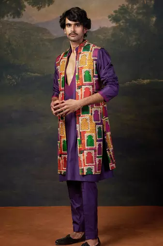 Purple hand embroidered kurta pyjama with nehru jacket set for men