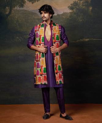Purple hand embroidered kurta pyjama with nehru jacket set for men 4