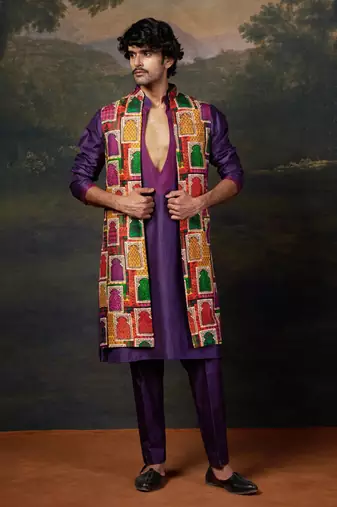 Purple hand embroidered kurta pyjama with nehru jacket set for men