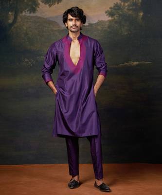 Purple thread work kurta pyjama set for men 1