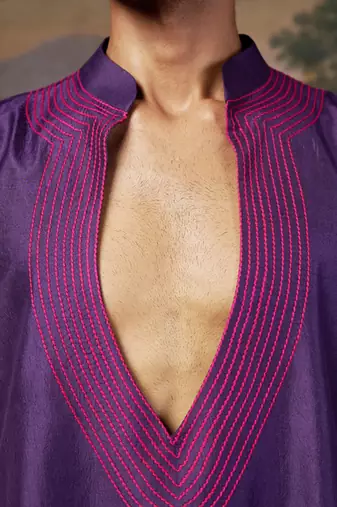 Purple thread work kurta pyjama set for men