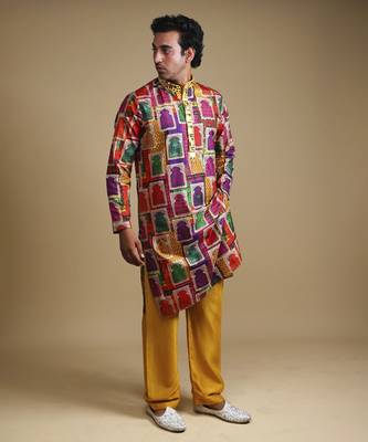 Multicolour mirror work kurta with matching Yellow pyjama for men 1