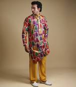 Multicolour mirror work kurta with matching Yellow pyjama for men
