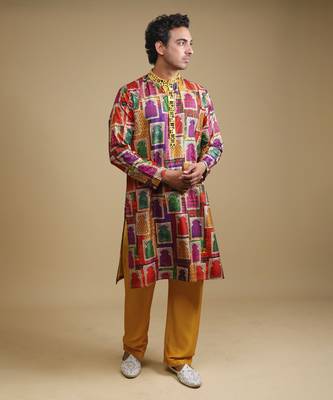 Multicolour mirror work kurta with matching Yellow pyjama for men 2