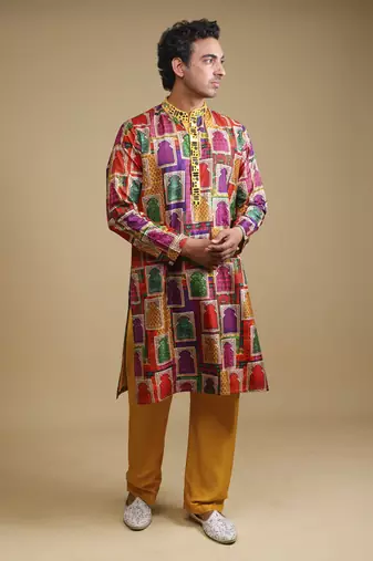 Multicolour mirror work kurta with matching Yellow pyjama for men