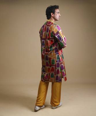 Multicolour mirror work kurta with matching Yellow pyjama for men 3
