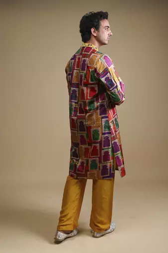 Multicolour mirror work kurta with matching Yellow pyjama for men
