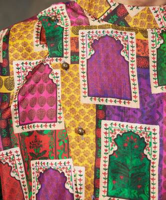 Multicolour mirror work kurta with matching Yellow pyjama for men 4