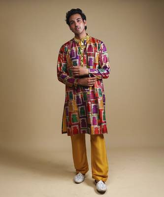 Multicolour mirror work kurta with matching Yellow pyjama for men 5