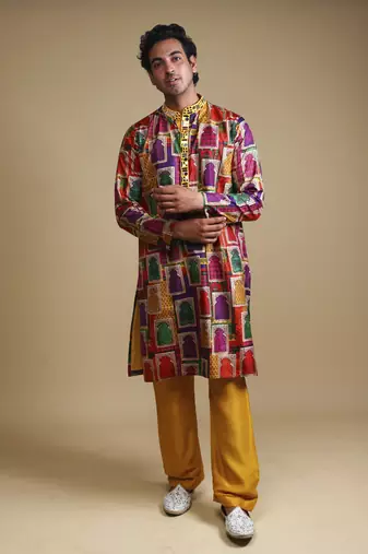 Multicolour mirror work kurta with matching Yellow pyjama for men