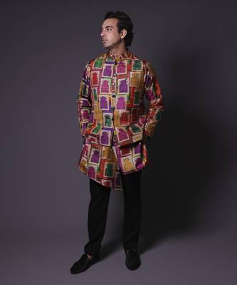 Multicolour nehru jacket with asymmetrical kurta and pant for men 1