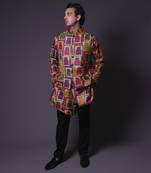 Multicolour nehru jacket with asymmetrical kurta and pant for men