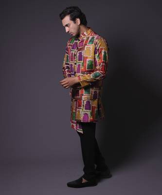Multicolour nehru jacket with asymmetrical kurta and pant for men 2