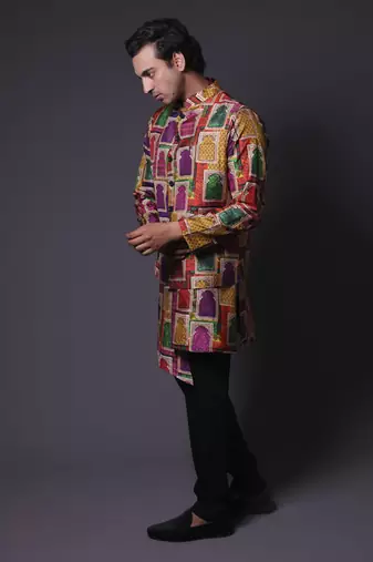 Multicolour nehru jacket with asymmetrical kurta and pant for men