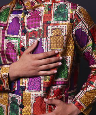 Multicolour nehru jacket with asymmetrical kurta and pant for men 3