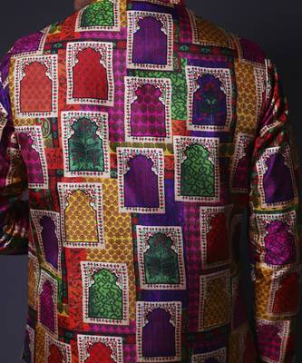 Multicolour nehru jacket with asymmetrical kurta and pant for men 4