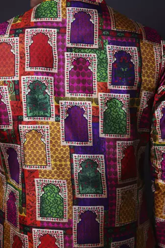 Multicolour nehru jacket with asymmetrical kurta and pant for men