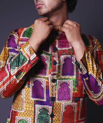Multicolour nehru jacket with asymmetrical kurta and pant for men 5