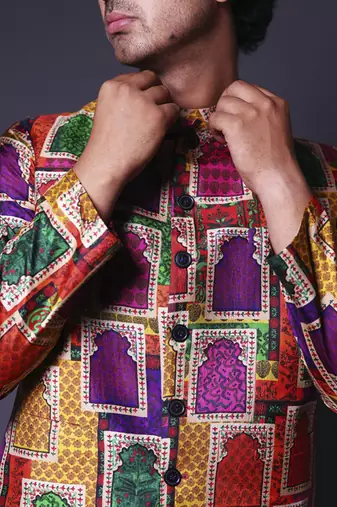 Multicolour nehru jacket with asymmetrical kurta and pant for men