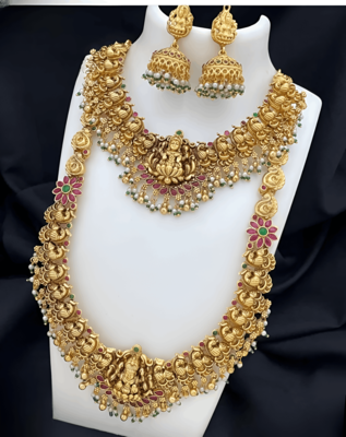 Lakshmi temple jewelry set - gold-plated long necklace with choker & earrings - kemp stone traditional bridal collection 1
