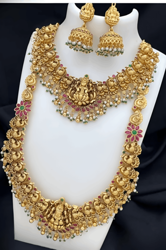 Lakshmi temple jewelry set - gold-plated long necklace with choker & earrings - kemp stone traditional bridal collection