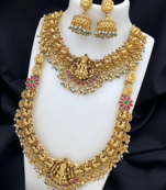 Lakshmi temple jewelry set - gold-plated long necklace with choker & earrings - kemp stone traditional bridal collection