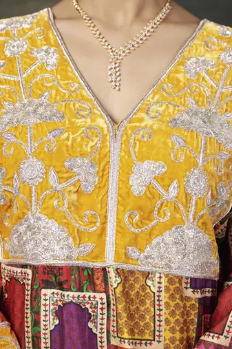 Hand-embroidered jharoka print yellow kurta set