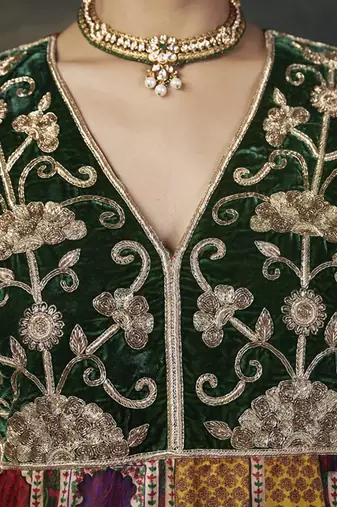 Hand-embroidered jharoka print green kurta set