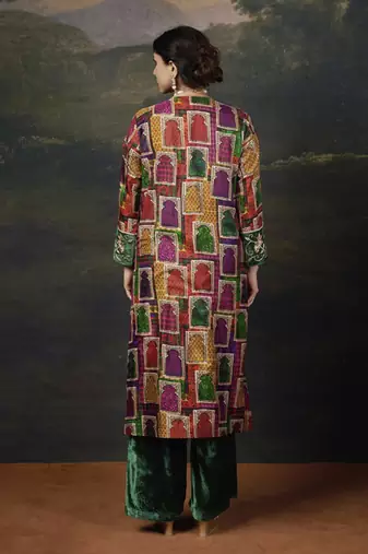 Hand-embroidered jharoka print green kurta set