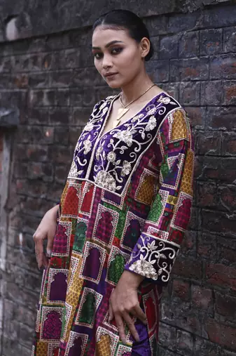 Multicolor hand-embroidered jharoka print kurta set