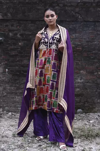 Multicolor hand-embroidered jharoka print kurta set