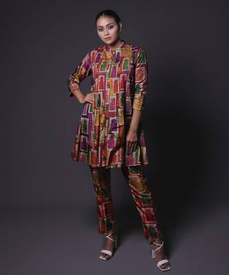 Multicolor hand embroidered pintuck kurti with pants 1