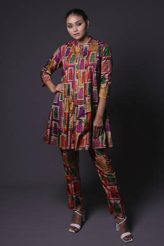 Multicolor hand embroidered pintuck kurti with pants