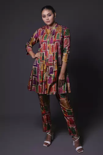 Multicolor hand embroidered pintuck kurti with pants