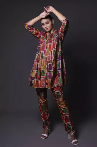 Multicolor hand embroidered pintuck kurti with pants