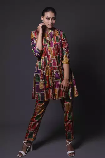 Multicolor hand embroidered pintuck kurti with pants