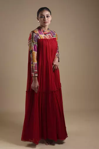 Red hand embroidered maxi gown
