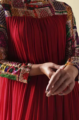 Red hand embroidered maxi gown