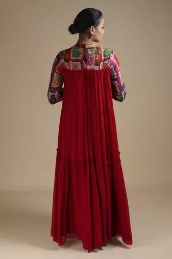 Red hand embroidered maxi gown