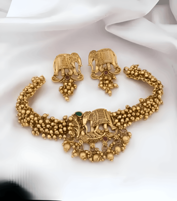 Traditional gold-plated elephant choker & earrings set - handcrafted pearl temple jewelry 2