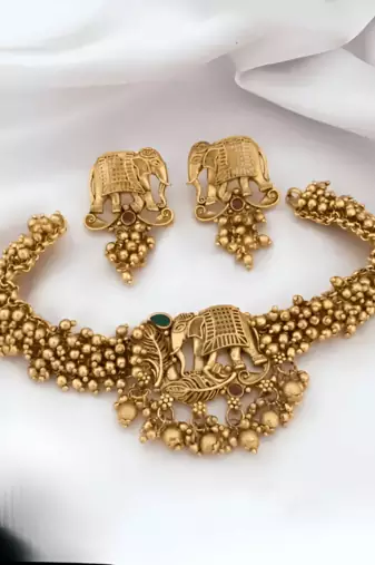 Traditional gold-plated elephant choker & earrings set - handcrafted pearl temple jewelry