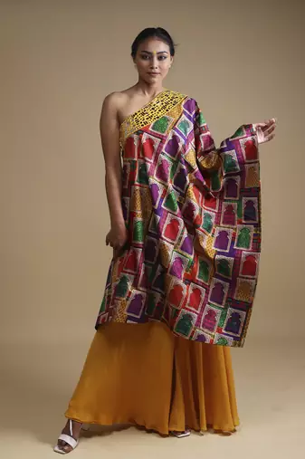 Multicolor hand embroidered off shoulder with sharara