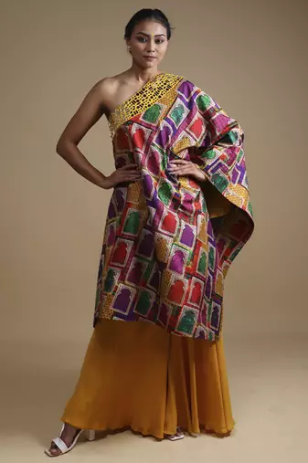Multicolor hand embroidered off shoulder with sharara