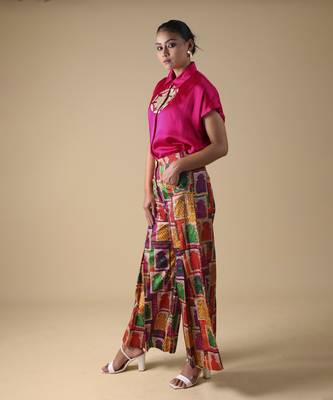 Pink hand embroidered shirt with pleated pants 1