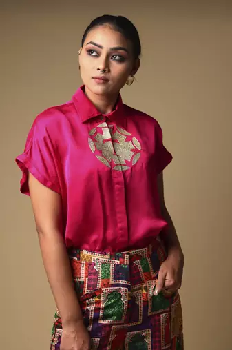 Pink hand embroidered shirt with pleated pants