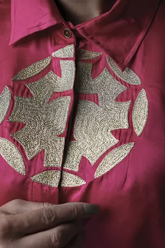 Pink hand embroidered shirt with pleated pants