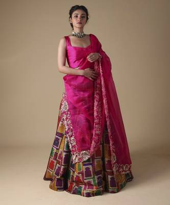 Multicolor Hand-Embroidered Zardosi Work Dupatta With Lehenga And Blouse 1